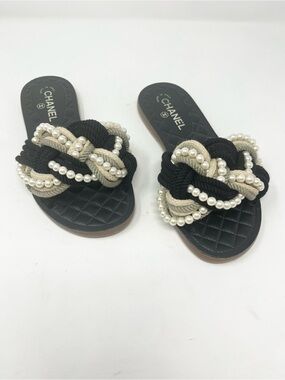 Chanel Black Braided Pearl and Rope Slide Sandal size 38 EU Slip on Flat